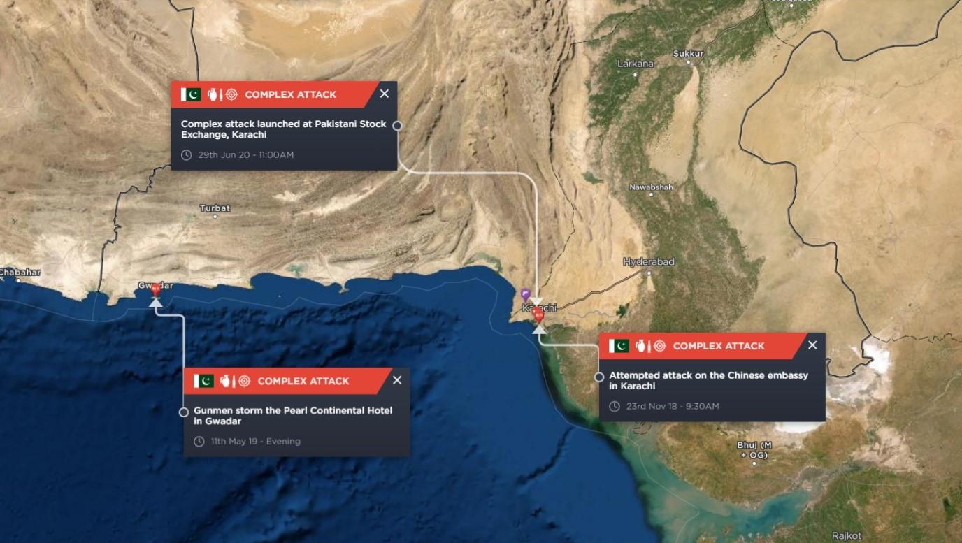 Map showing recent activity from the Balochistan Liberation Army 